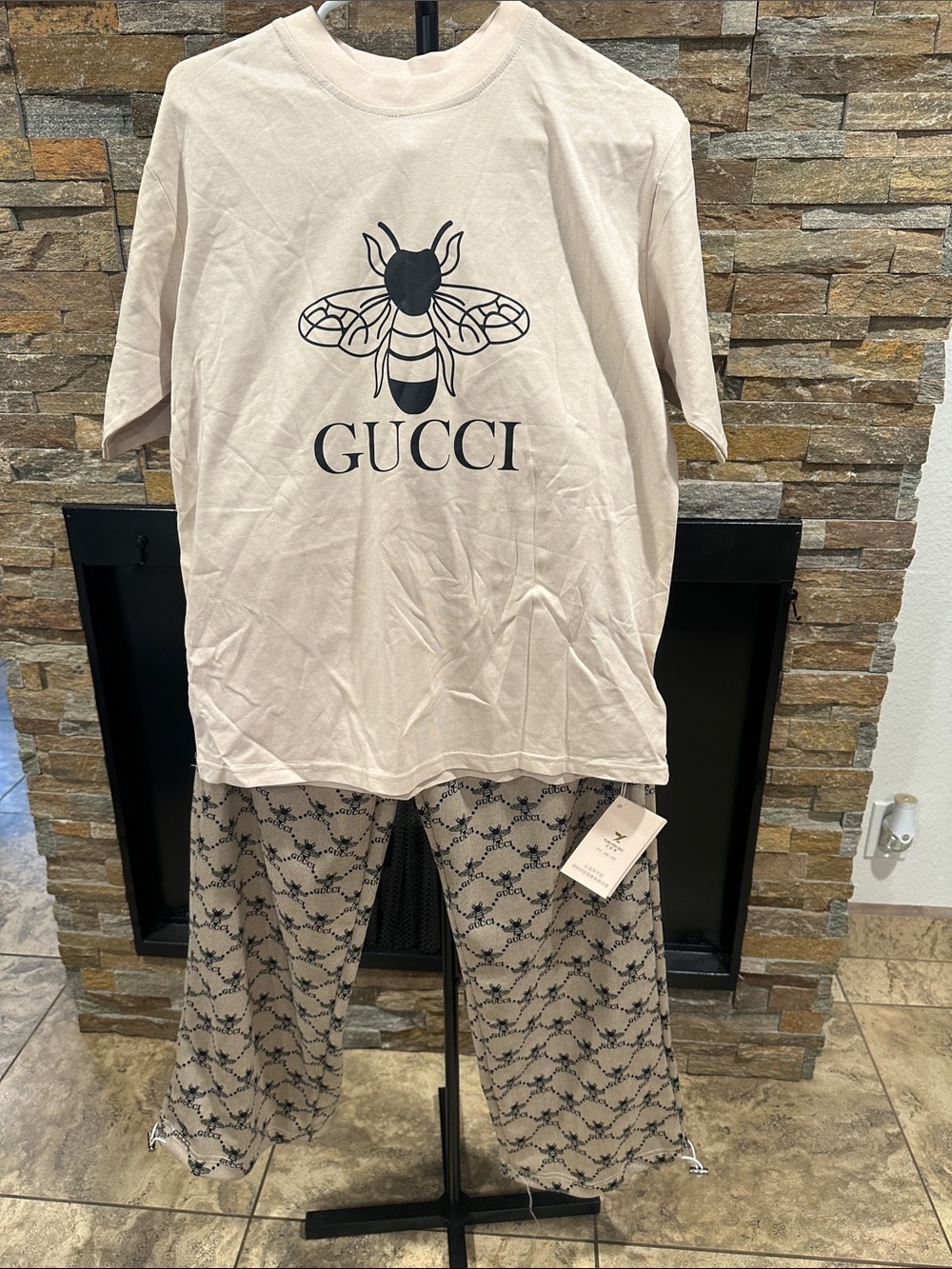 Cream and Black Bee Print Pajama Set size M